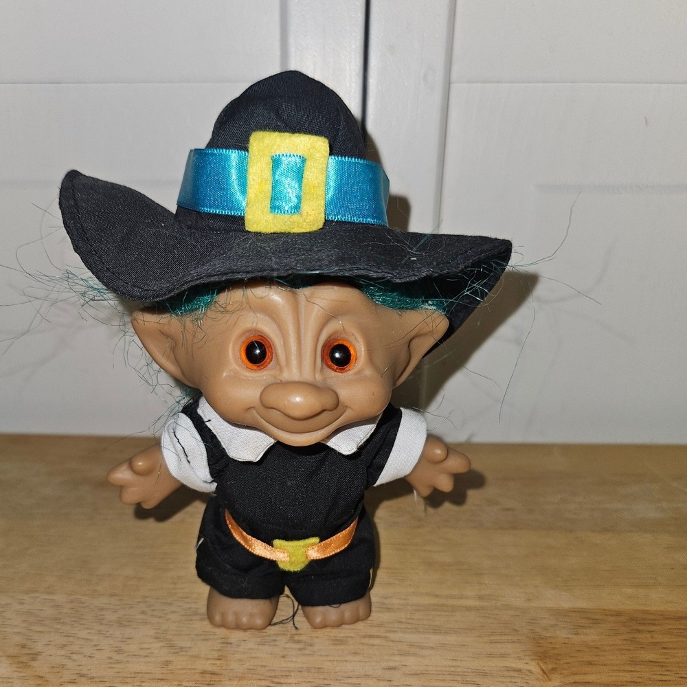 Vintage Style Pilgrim Troll Doll Teal Hair Orange Eyes Thanksgiving Collectible